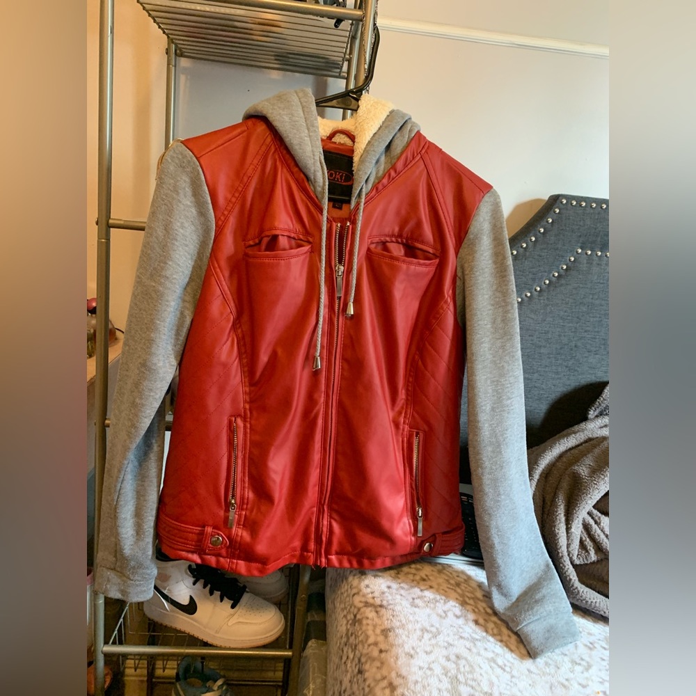 Red women’s leather jacket. Size Large fits like a medium. Worn couple times.